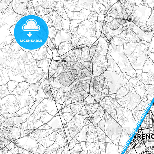 Lawrence, Massachusetts light map with streetnames, citynames and districts