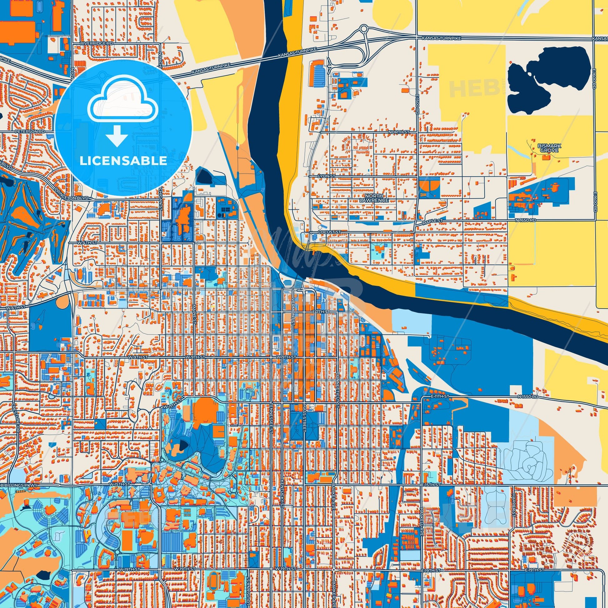 Colorful Lawrence Street Map with Labels and Buildings