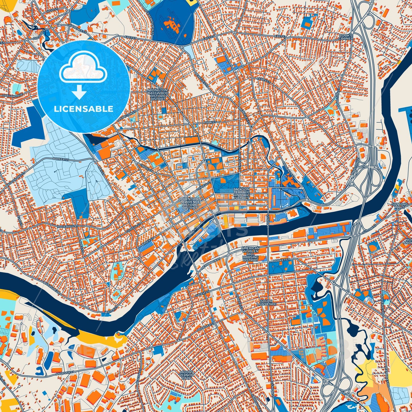 Colorful Lawrence Street Map with Labels and Buildings