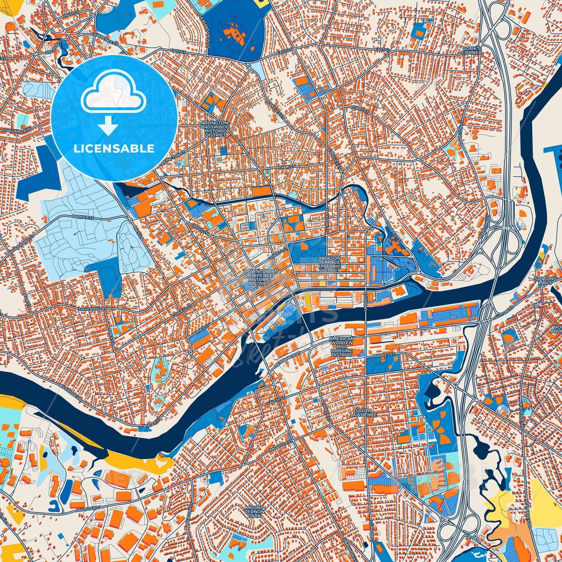 Colorful Lawrence Street Map with Labels and Buildings