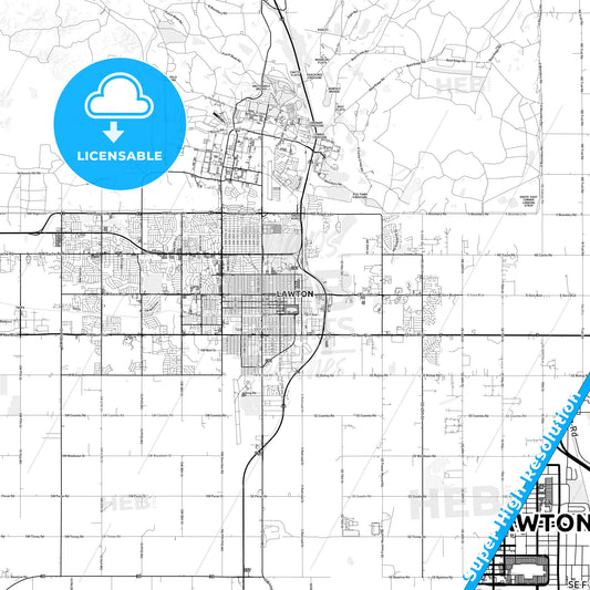Lawton, Oklahoma light map with streetnames, citynames and districts
