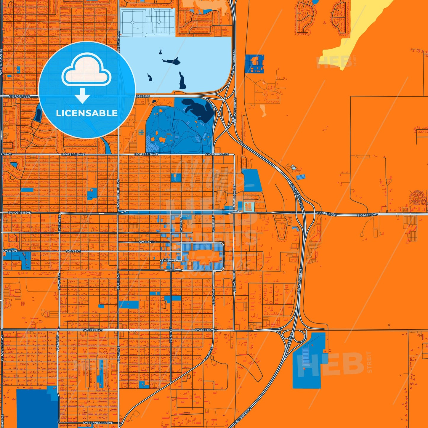 Colorful Lawton Street Map with Labels and Buildings