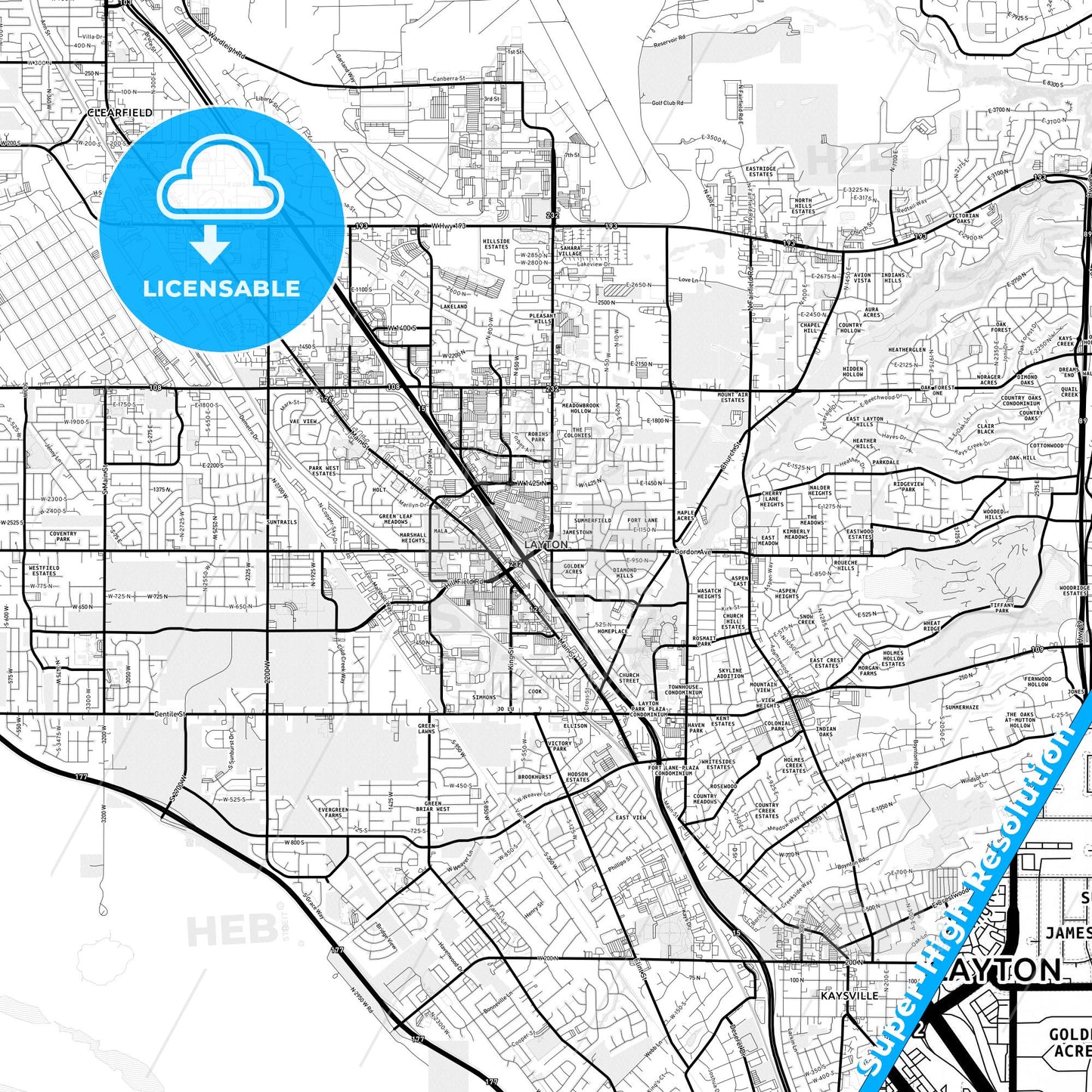 Layton, Utah Light Map with Street Names, City Names, and Districts