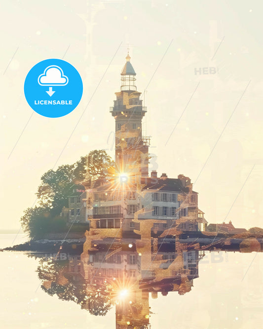 Noirmoutier Island Double Exposure Skyline Artwork - A building on a small island