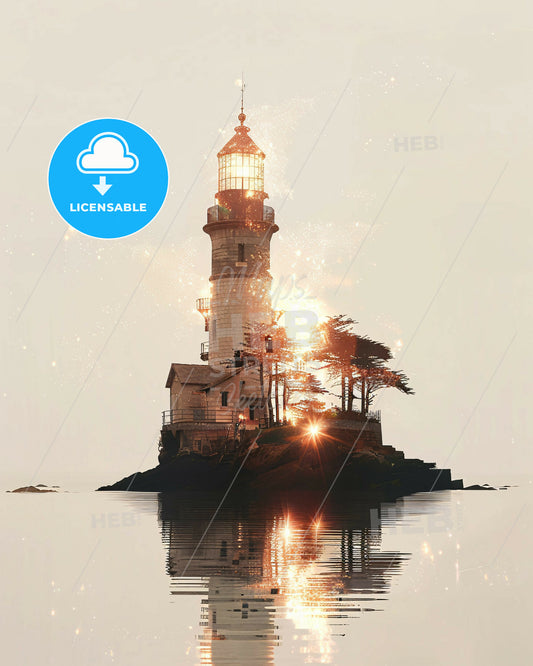 Noirmoutier Island Skyline Art Composite with Bright Beige and Sparklers - A lighthouse on an island