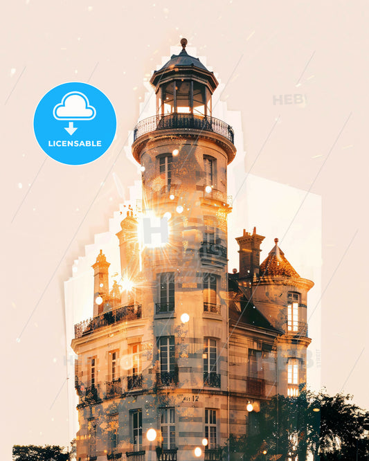 Ile de Re Double Exposure Skyline Poster - A building with a tower