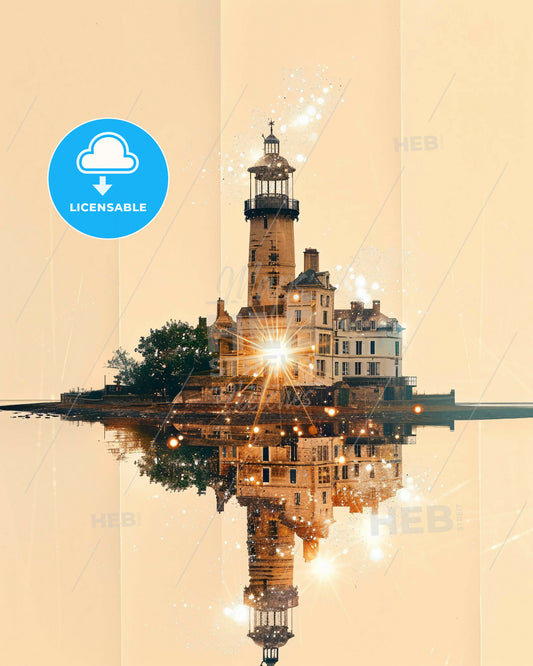 Ile de Re France Skyline Double Exposure Art - A lighthouse on a small island
