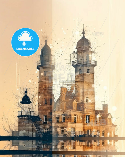 ÃŽle de RÃ©, France - Double Exposure Art Skyline - A building with towers and a lighthouse