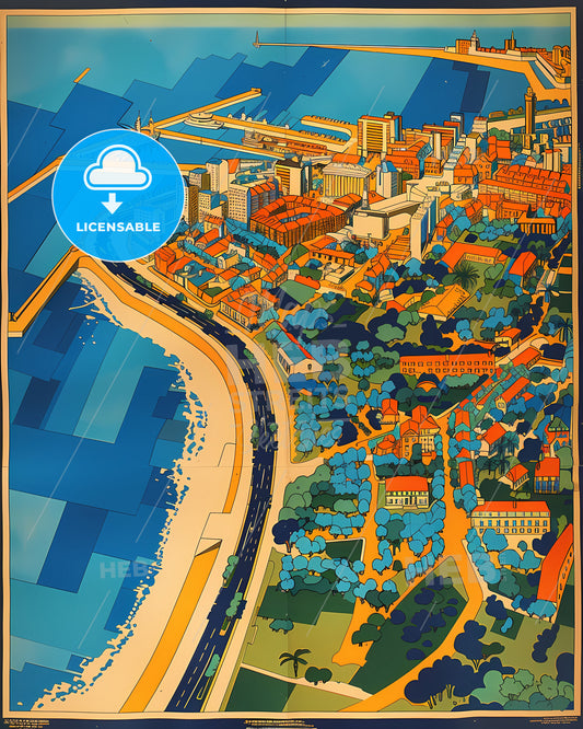 Colorful Fantasy Cityscape Map, Digital Painting, Vibrant Urban Art