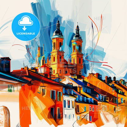 Vibrant Le Mans, France - A Painting Of A Building With Towers And Roofs