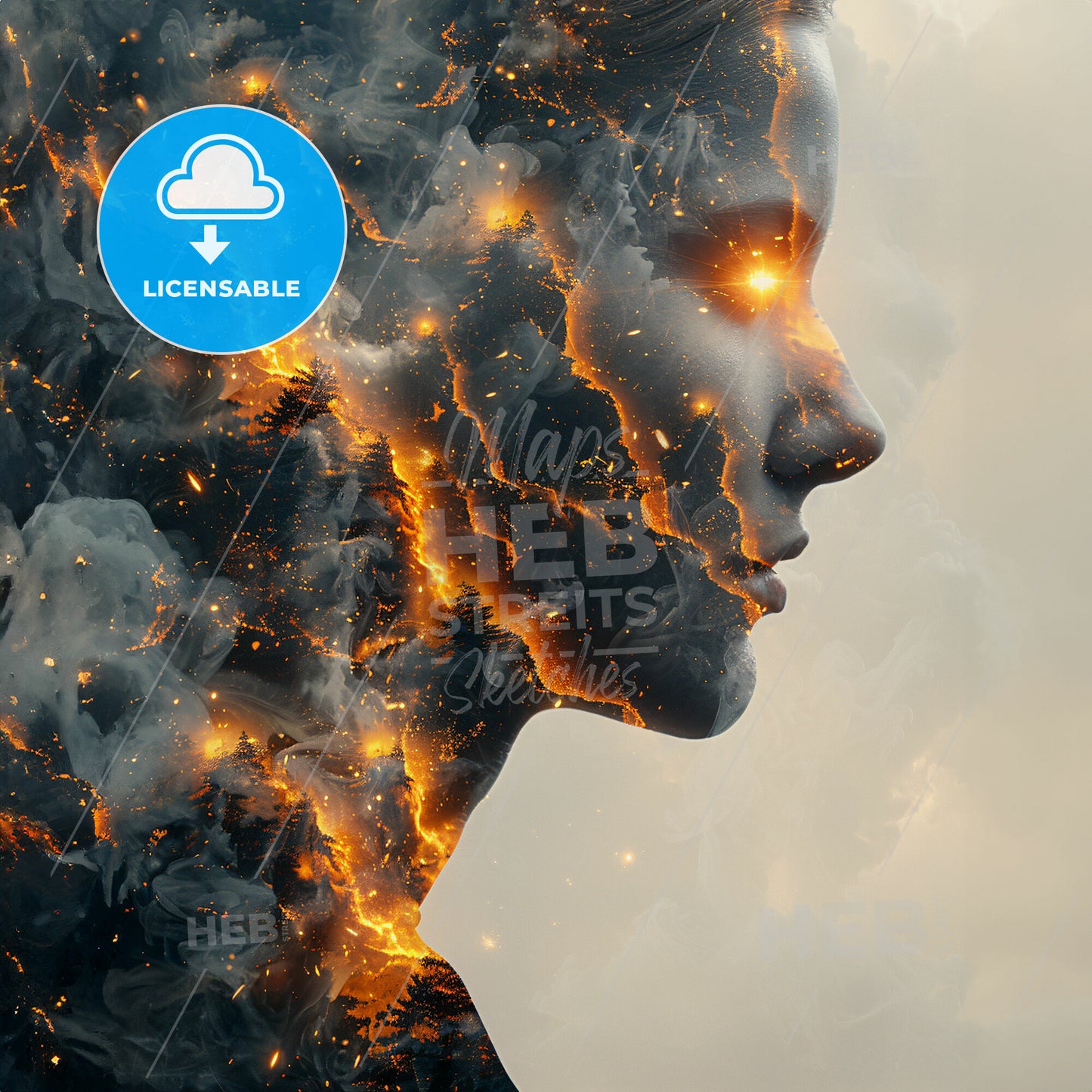 Leadership Landscapes: Commanding the View - A womans face with flames and smoke