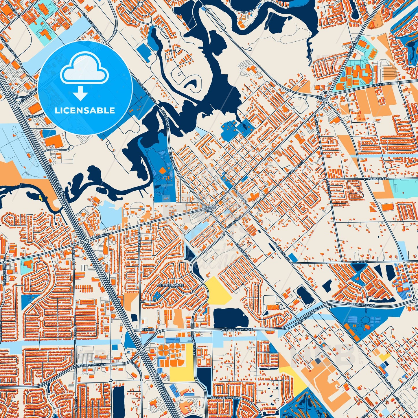 Colorful League City Street Map with Labels and Buildings