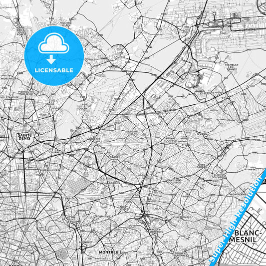 Le Blanc-Mesnil, France light map with streetnames, citynames and districts