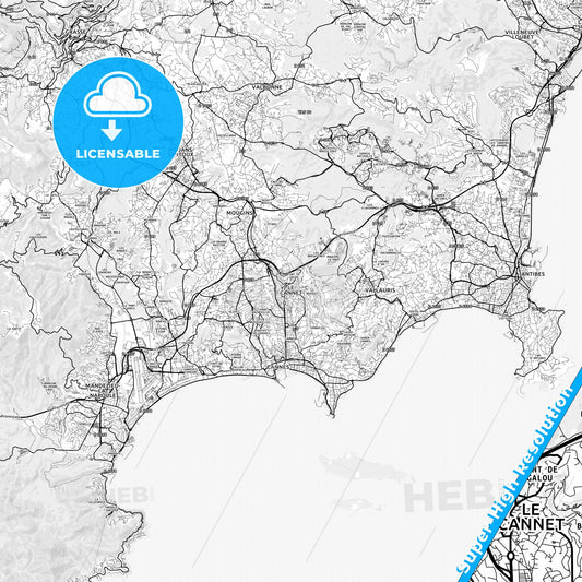 Le Cannet, France light map with streetnames, citynames and districts