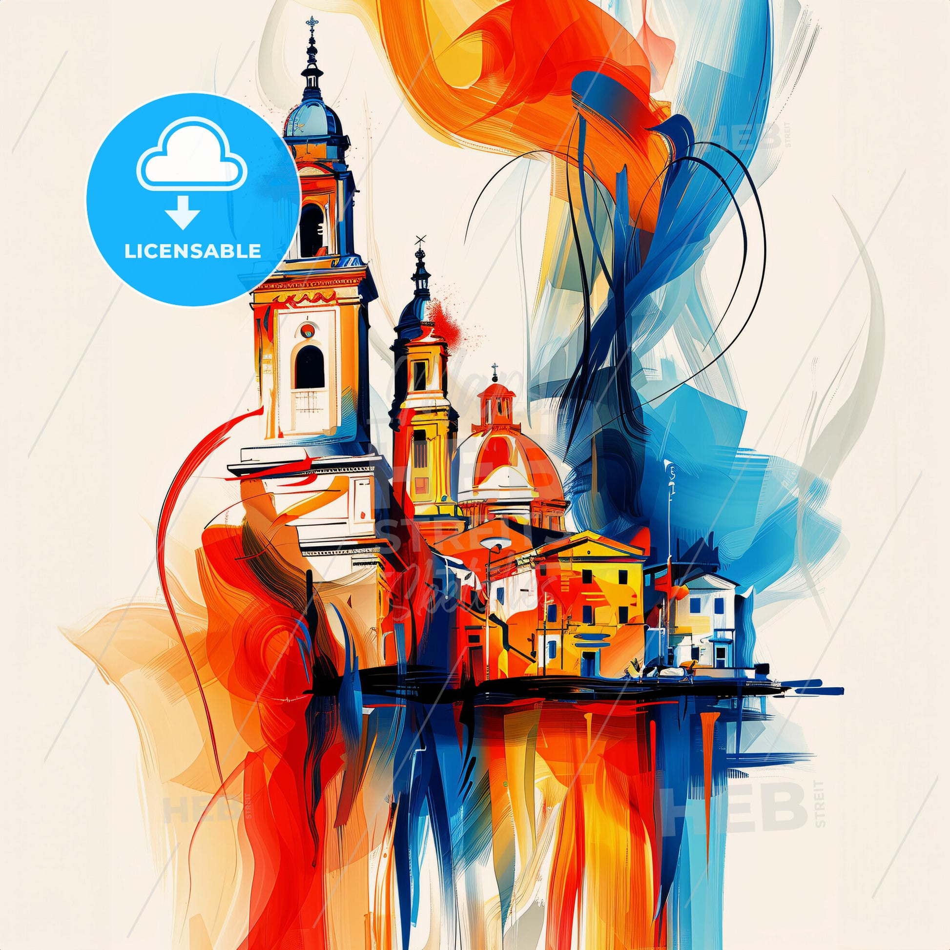 Vibrant Lecce, Italy - A Painting Of A Building With Towers And A Red And Blue Smoke