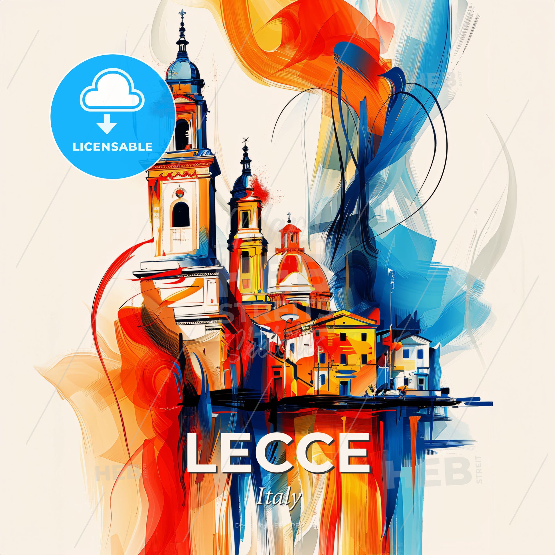 Vibrant Lecce, Italy - A Painting Of A Building With Towers And A Red And Blue Smoke - Square format print template
