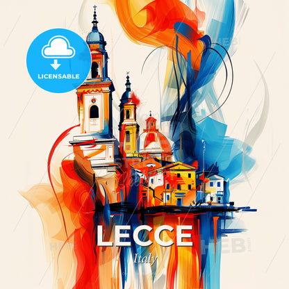 Vibrant Lecce, Italy - A Painting Of A Building With Towers And A Red And Blue Smoke - Square format print template