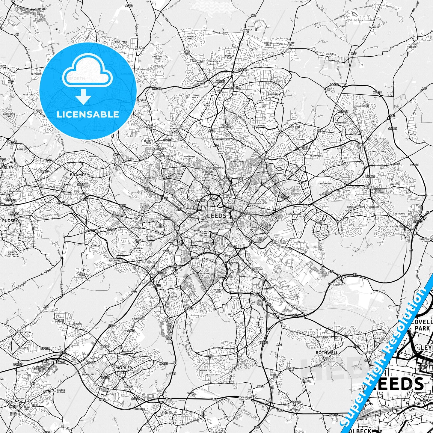 Leeds, England light map with streetnames, citynames and districts