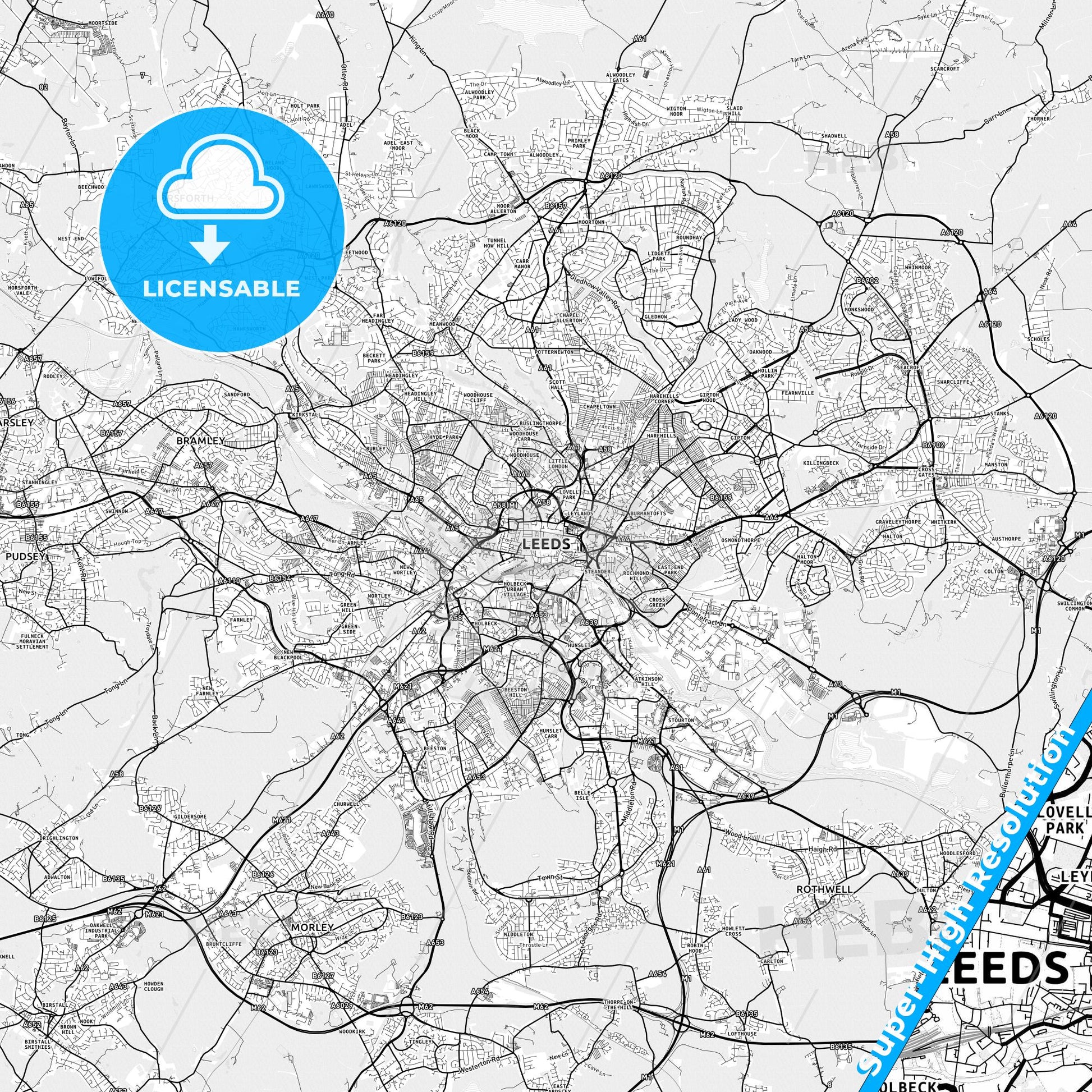 Leeds, England light map with streetnames, citynames and districts