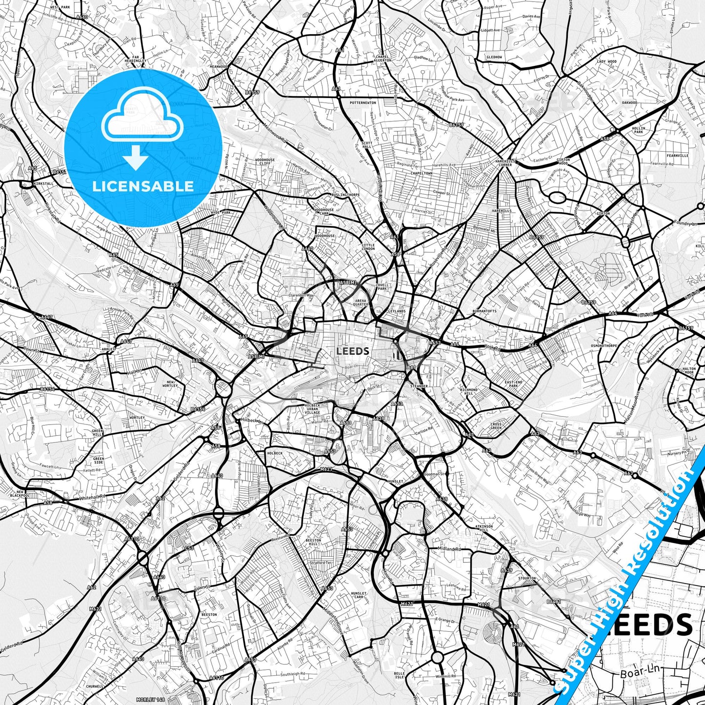 Leeds, England Light Map with Street Names, City Names, and Districts