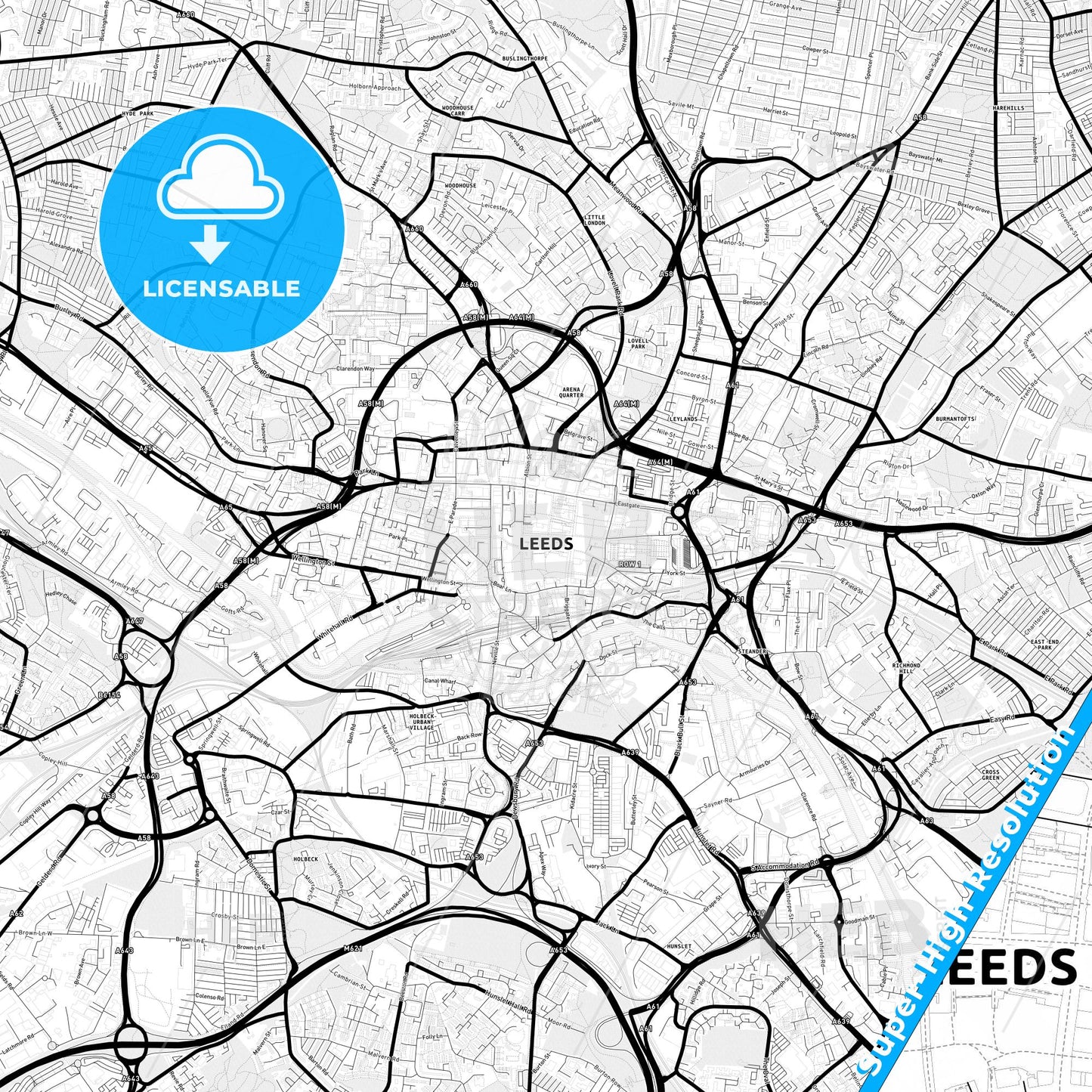 Leeds, England Light Map with Street Names, City Names, and Districts