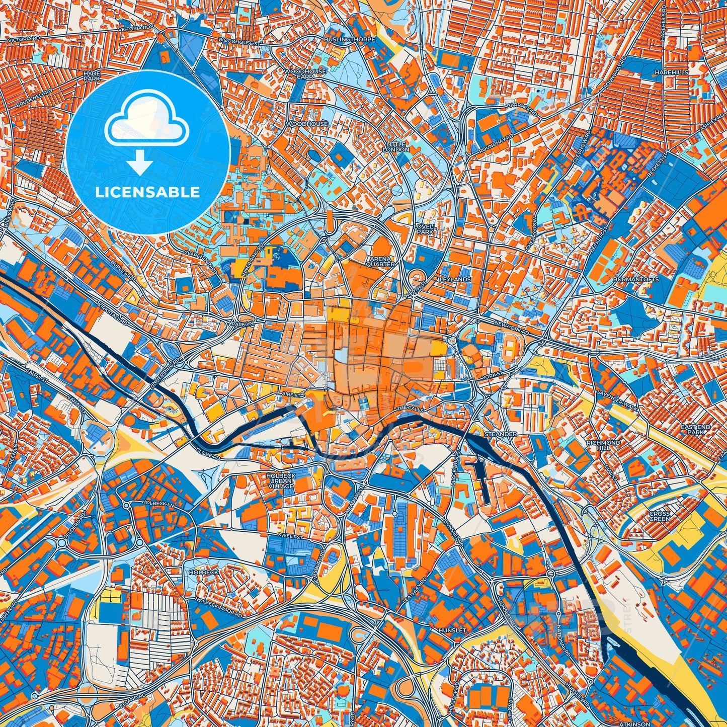 Colorful Leeds Street Map with Labels and Buildings
