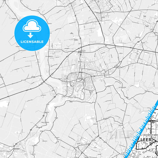 Leer, Germany light map with streetnames, citynames and districts