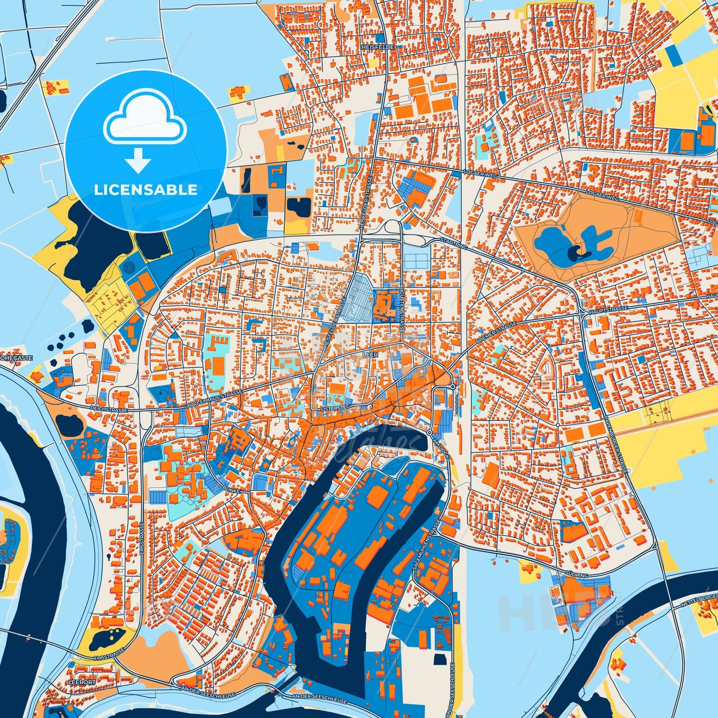 Colorful Leer Street Map with Labels and Buildings