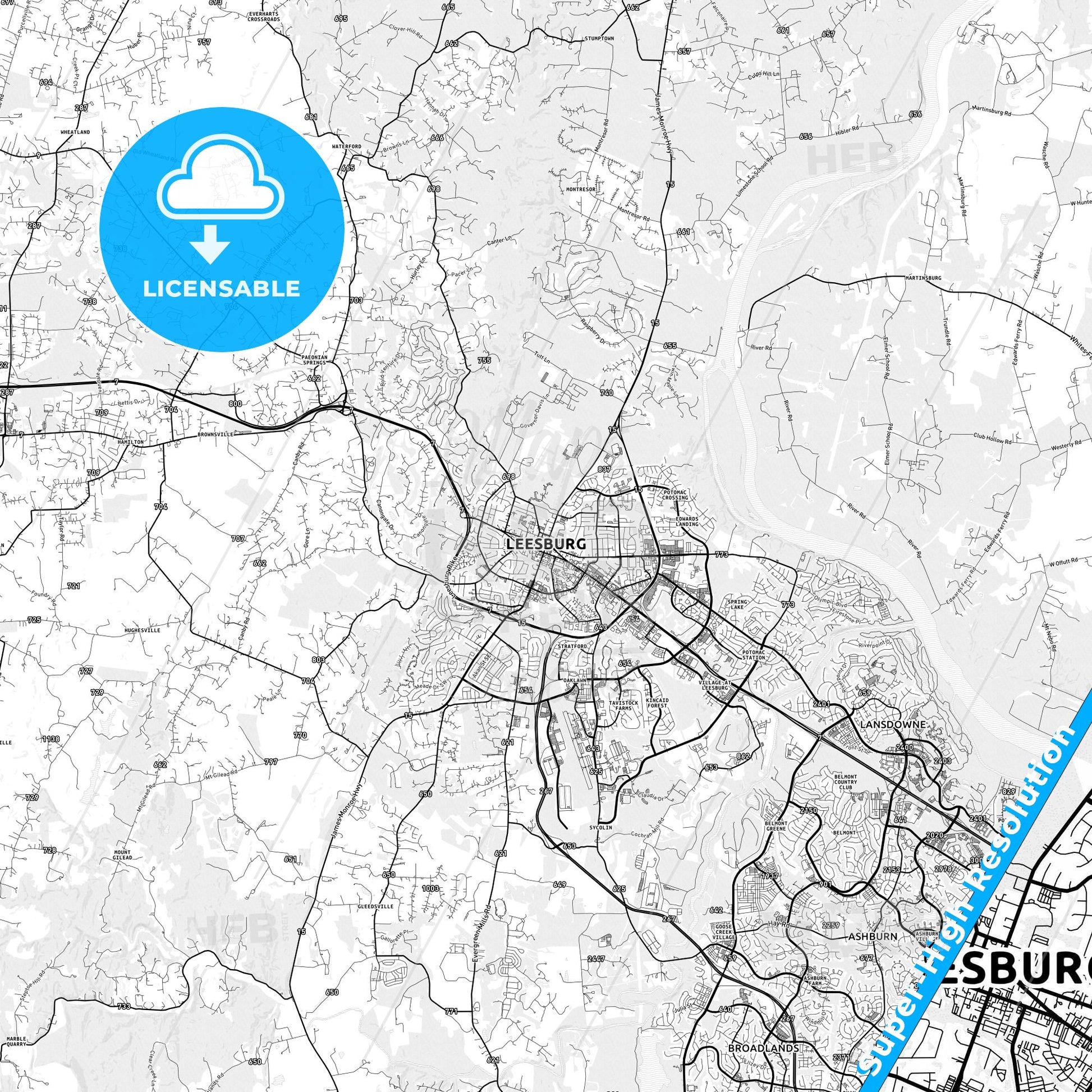 Leesburg, Virginia light map with streetnames, citynames and districts