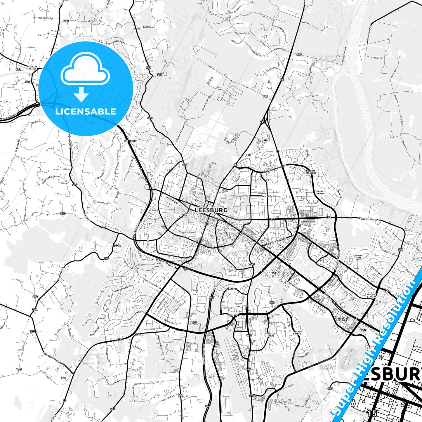 Leesburg, Virginia Light Map with Street Names, City Names, and Districts