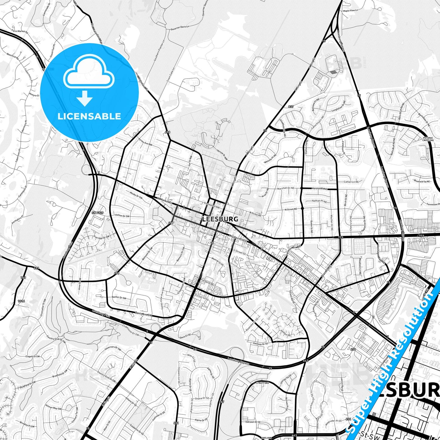 Leesburg, Virginia Light Map with Street Names, City Names, and Districts