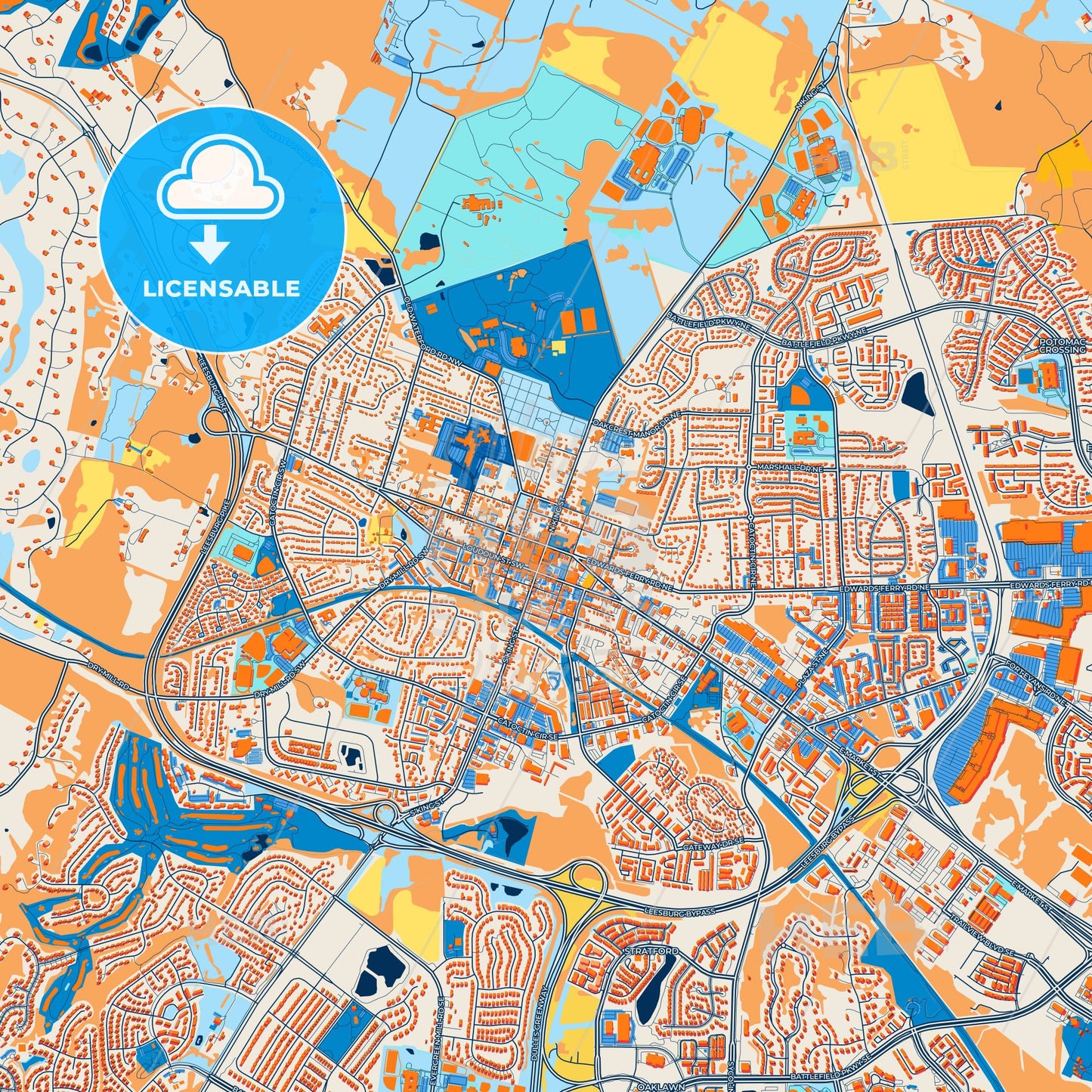 Colorful Leesburg Street Map with Labels and Buildings
