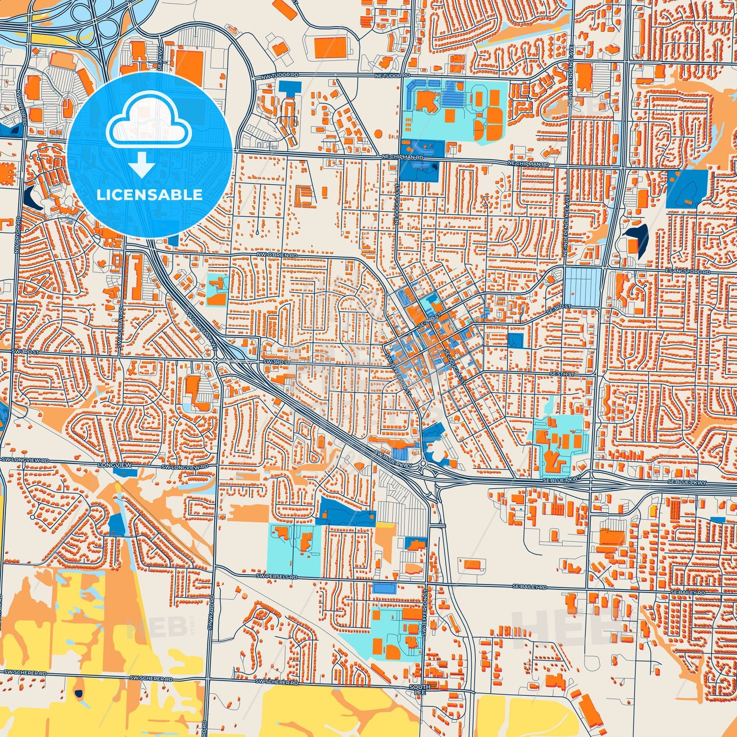 Colorful Lees Summit Street Map with Labels and Buildings
