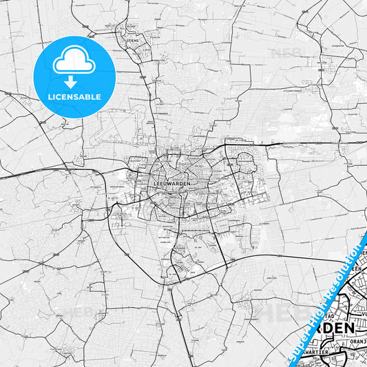 Leeuwarden, Netherlands light map with streetnames, citynames and districts