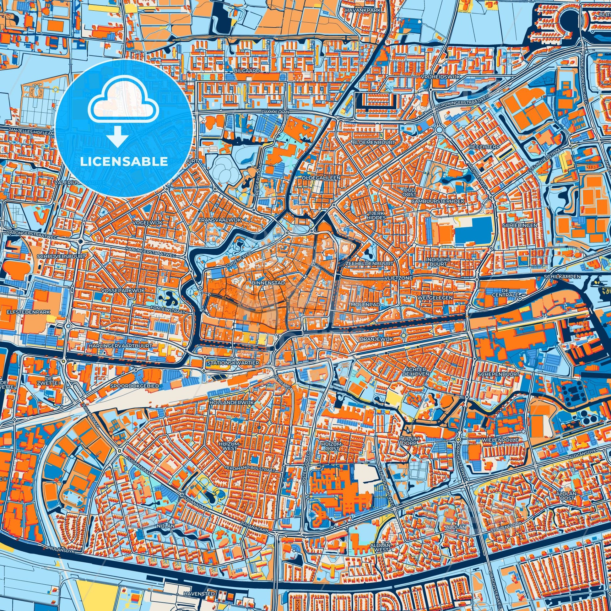 Colorful Leeuwarden Street Map with Labels and Buildings