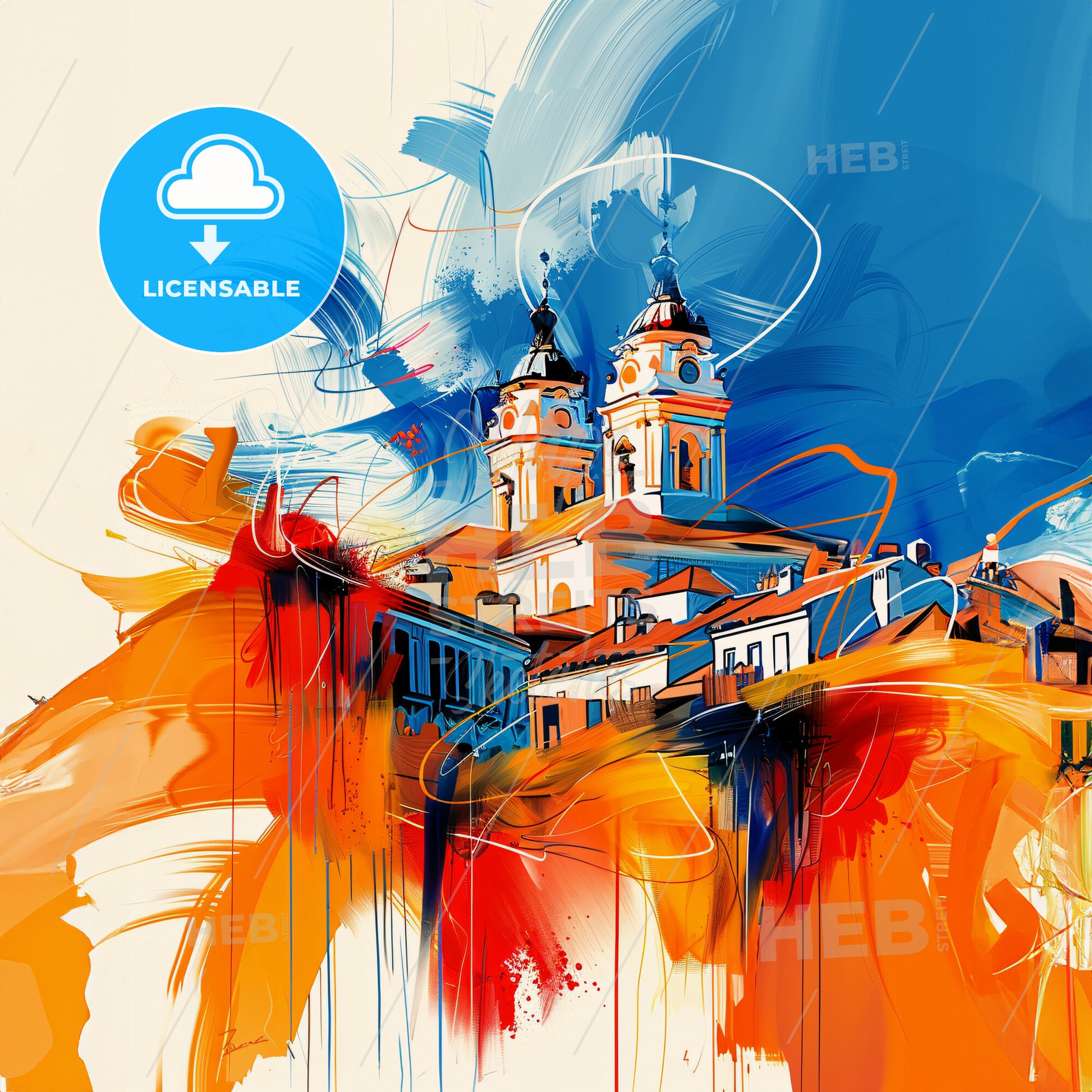 Vibrant Leganés, Spain - A Painting Of A Building With A Colorful Background