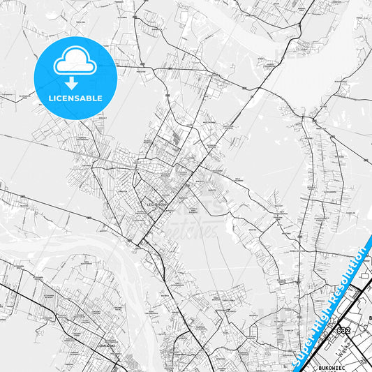 Legionowo, Poland light map with streetnames, citynames and districts