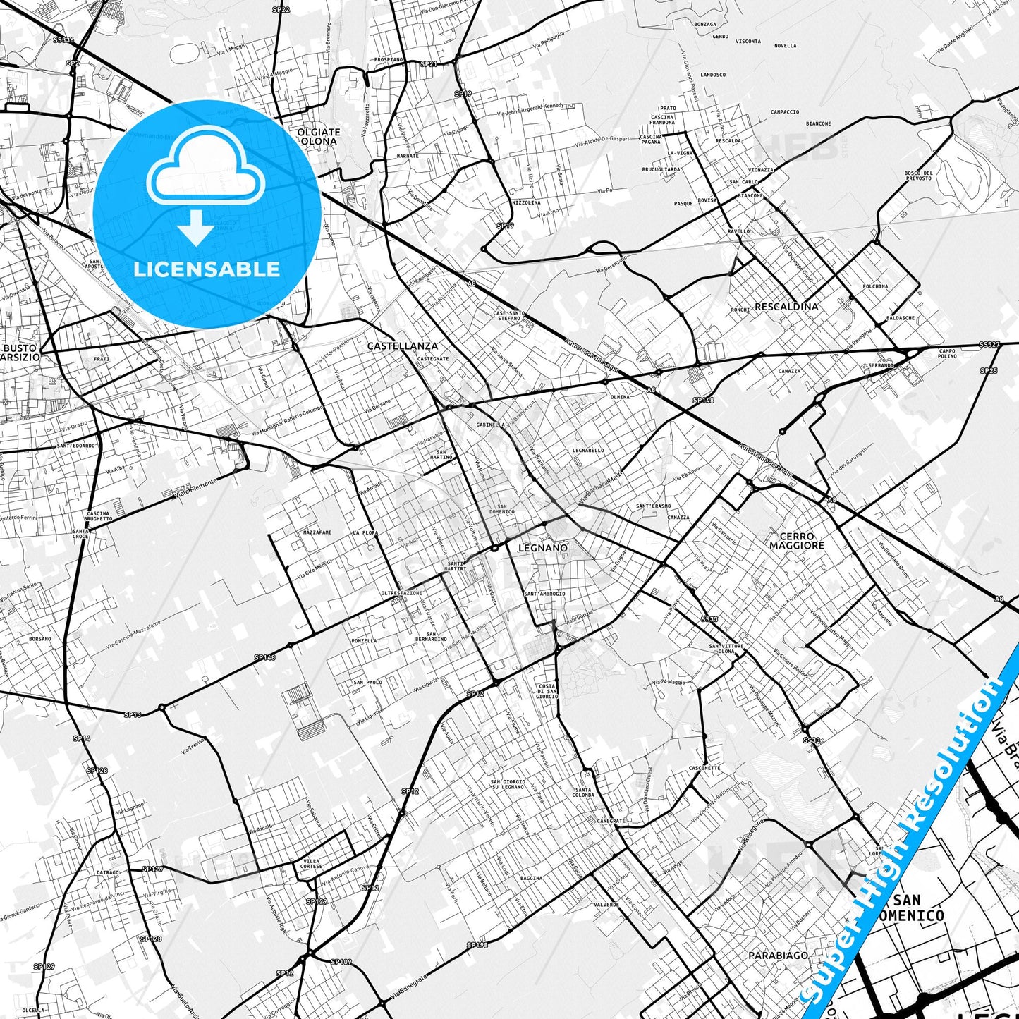 Legnano, Italy Light Map with Street Names, City Names, and Districts