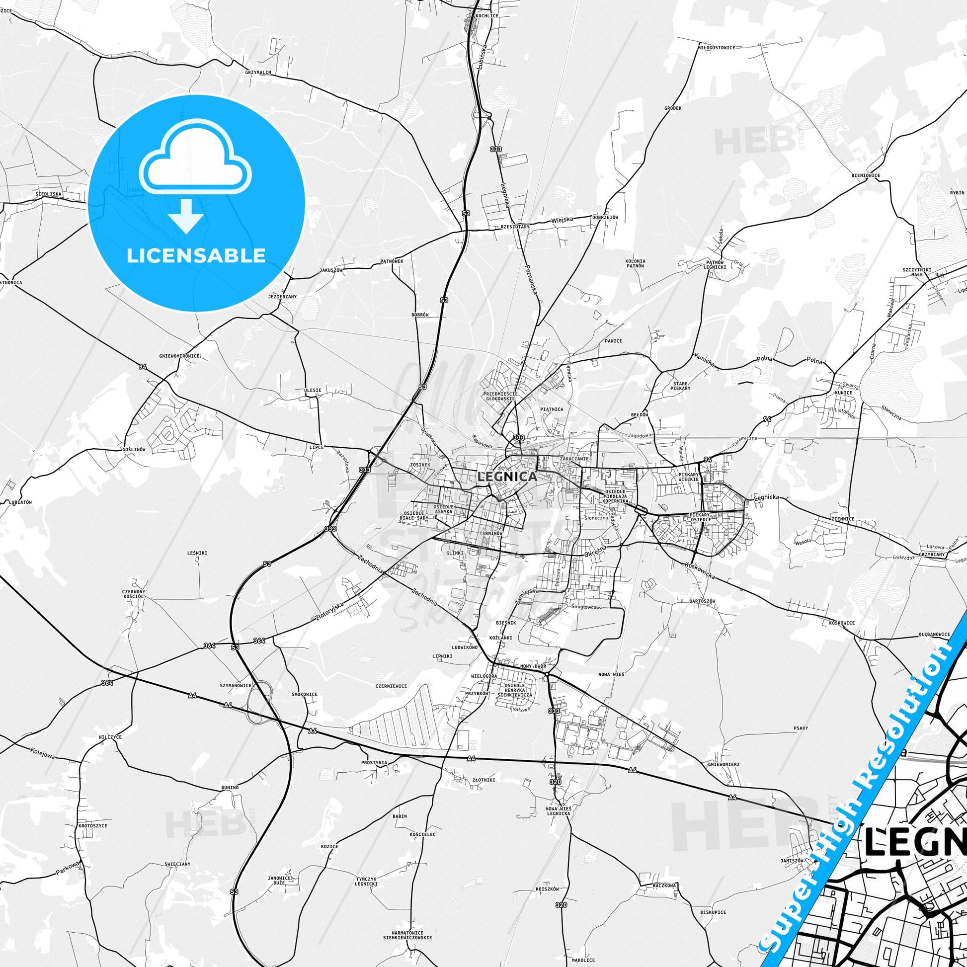 Legnica, Poland light map with streetnames, citynames and districts