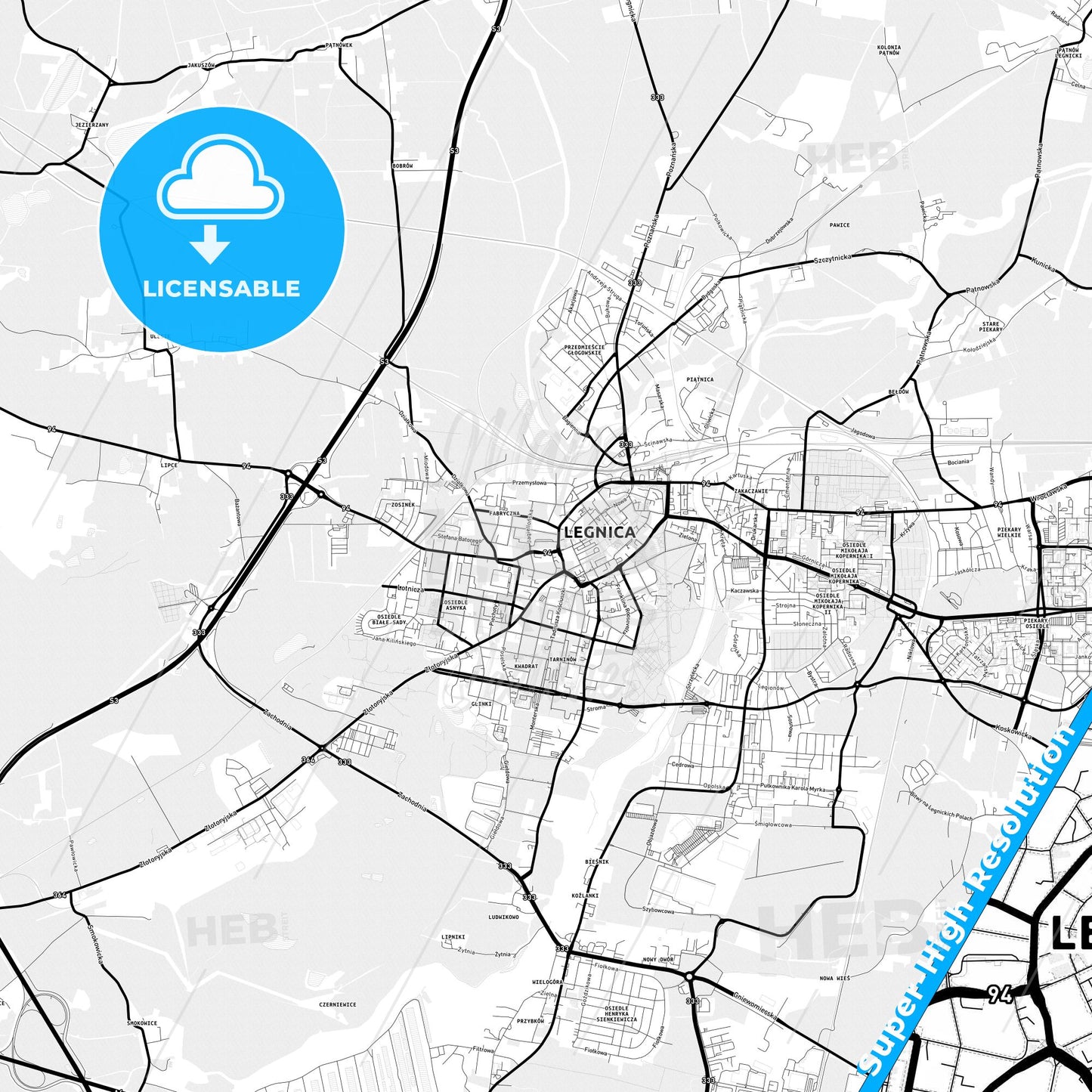 Legnica, Poland Light Map with Street Names, City Names, and Districts