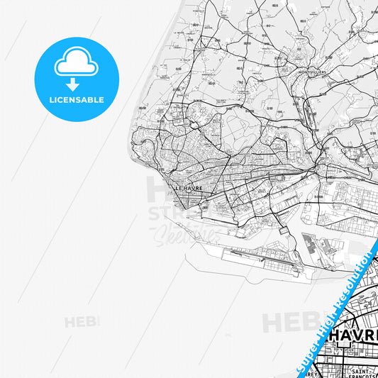 Le Havre, France light map with streetnames, citynames and districts