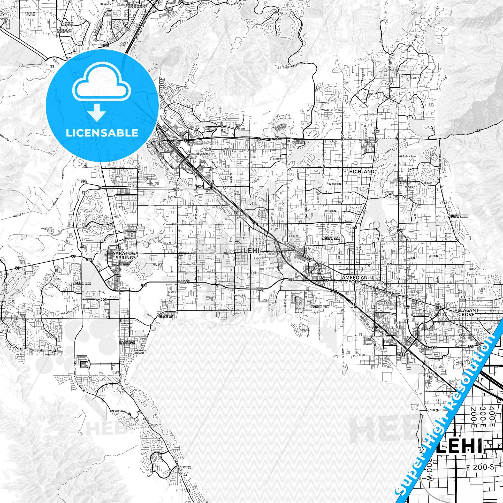 Lehi, Utah light map with streetnames, citynames and districts