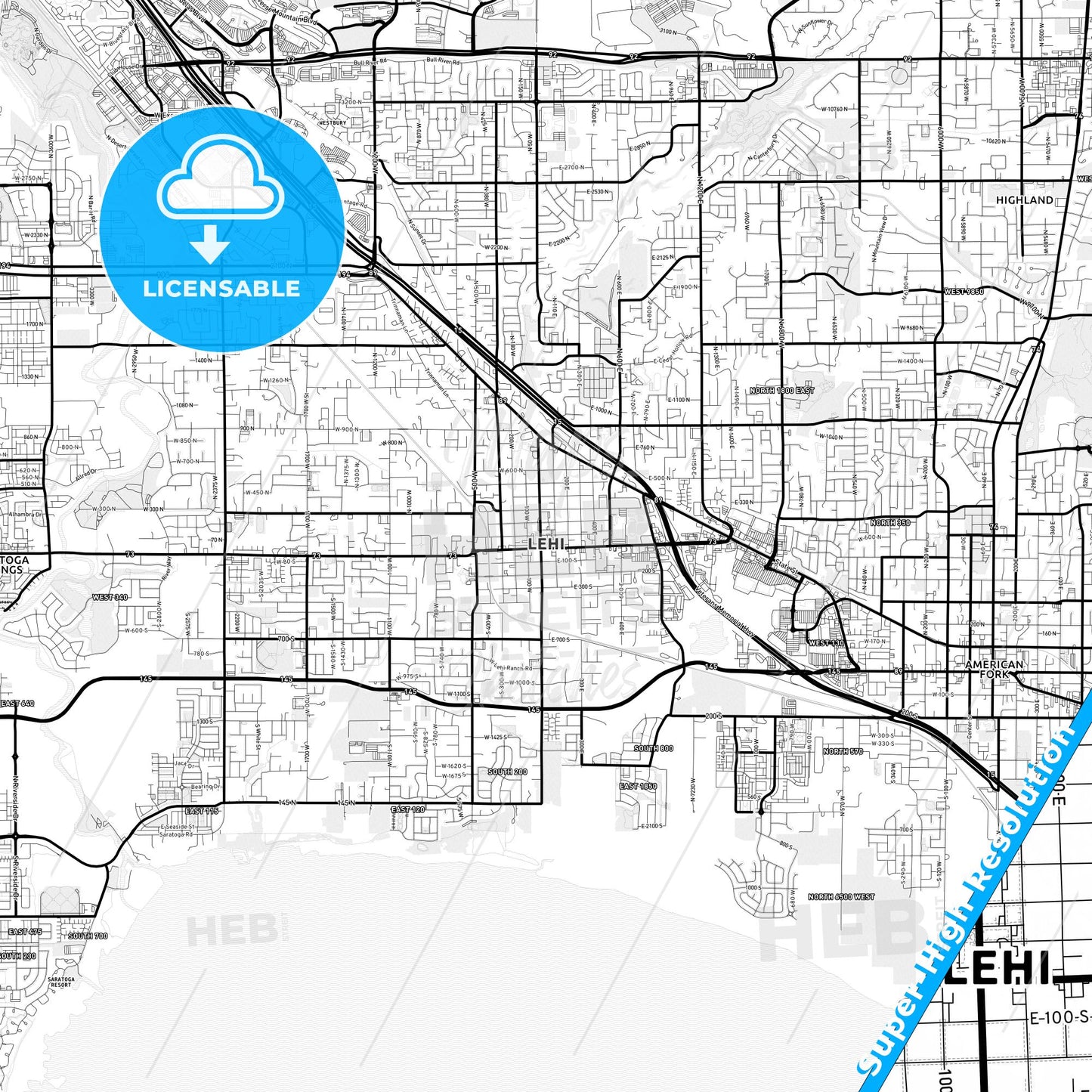 Lehi, Utah Light Map with Street Names, City Names, and Districts
