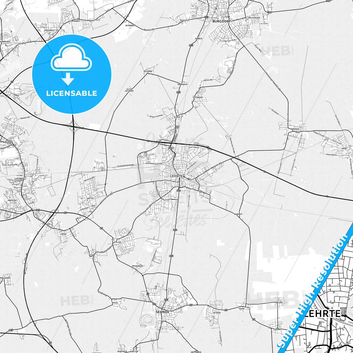 Lehrte, Germany light map with streetnames, citynames and districts