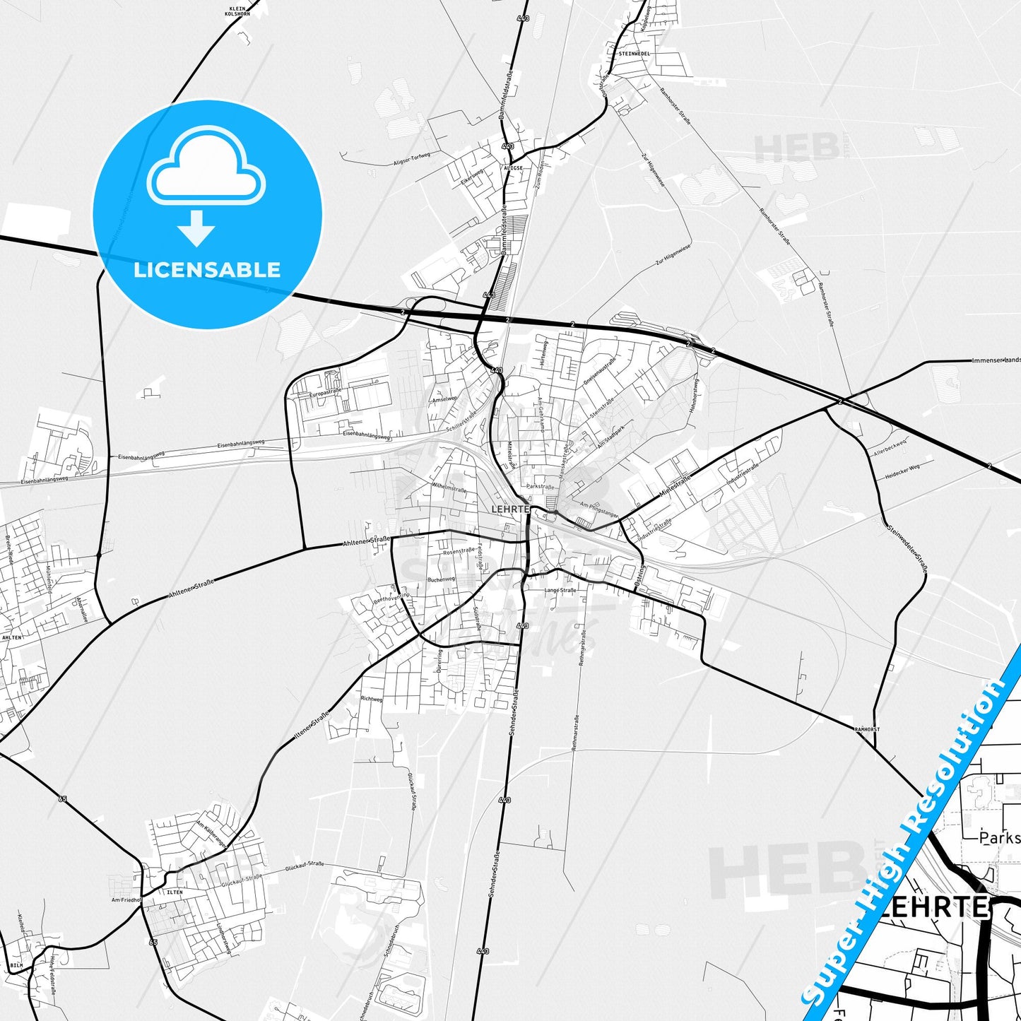 Lehrte, Germany Light Map with Street Names, City Names, and Districts