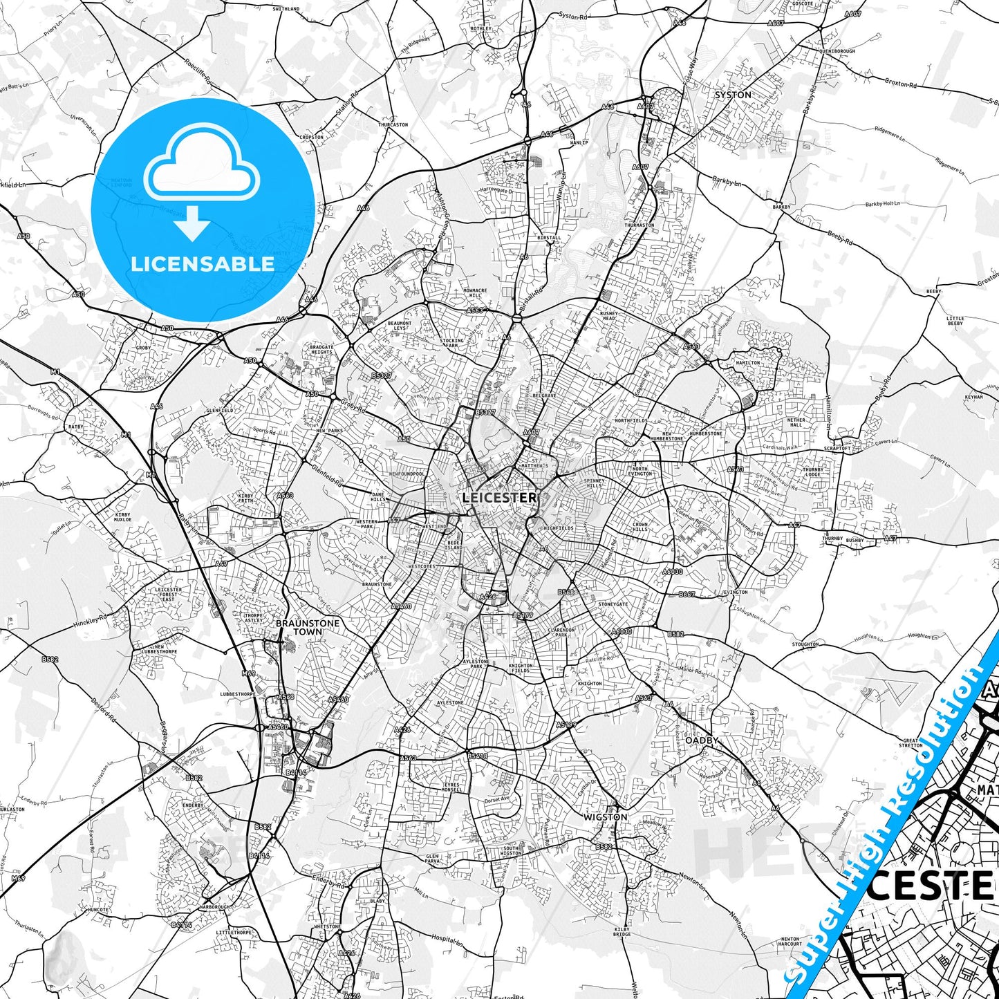 Leicester, England light map with streetnames, citynames and districts