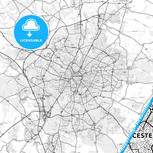 Leicester, England light map with streetnames, citynames and districts