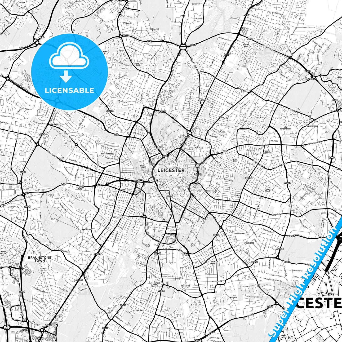 Leicester, England Light Map with Street Names, City Names, and Districts