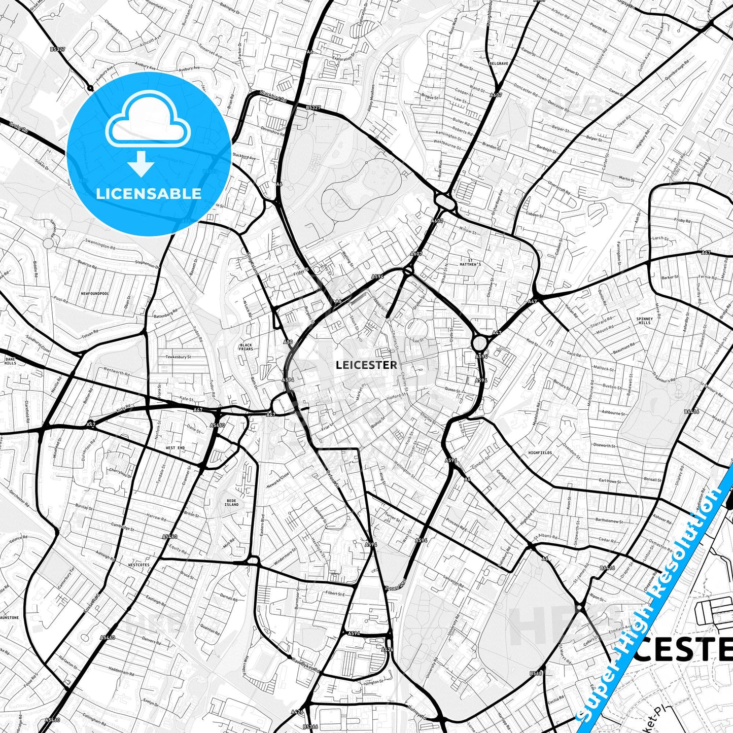 Leicester, England Light Map with Street Names, City Names, and Districts