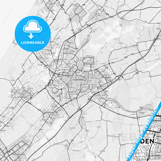 Leiden, Netherlands light map with streetnames, citynames and districts